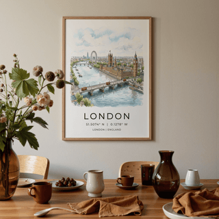 London Cityscape Print hung on a wall above a dining table with various cups and vases in warm tones