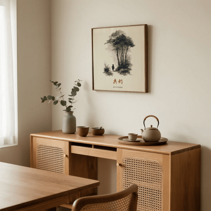 Asian Ink Art print of a person walking with an umbrella in black ink hung above a wooden sideboard with a teapot and rustic cups