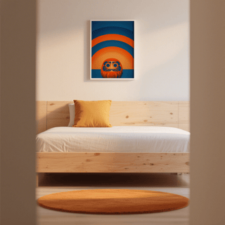 Daruma Doll wall art with blue and orange minimalist illustration above a wooden bed with orange cushion