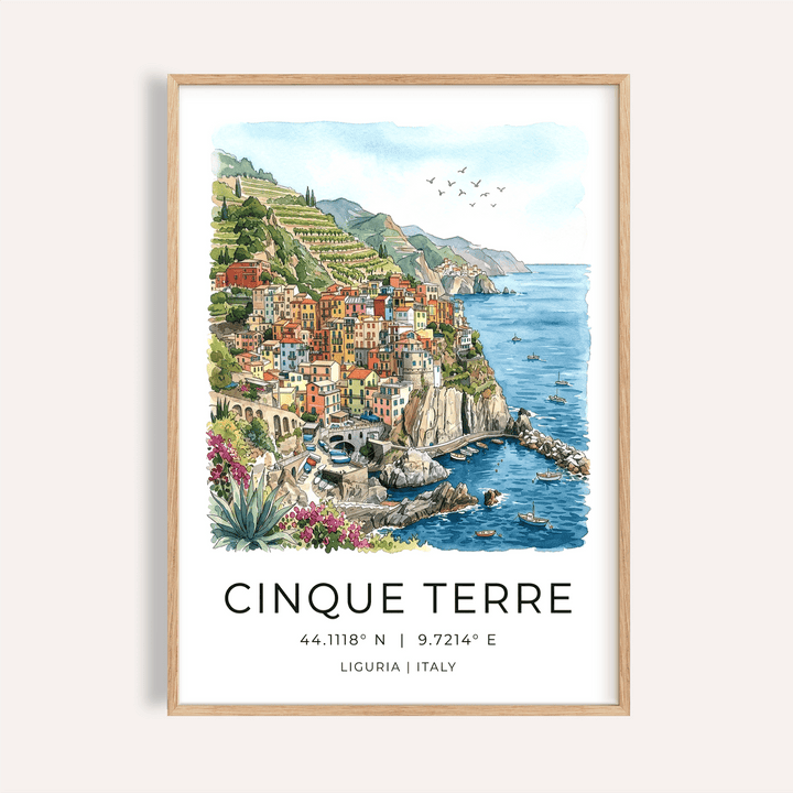 Framed print of Cinque Terre with colourful houses by the sea and a blue sky
