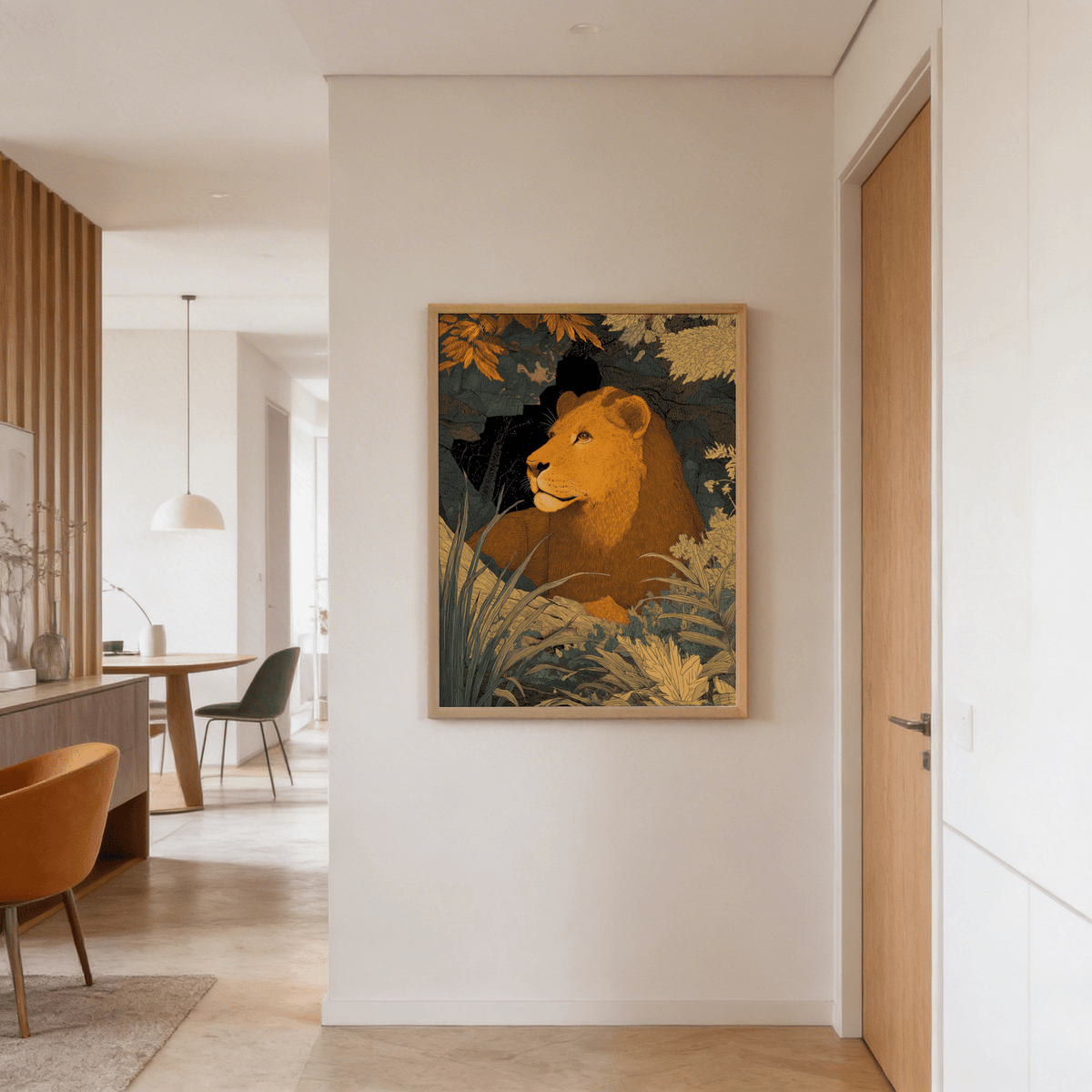 Wildlife art print of a lioness in orange and green tones hung on a hallway wall