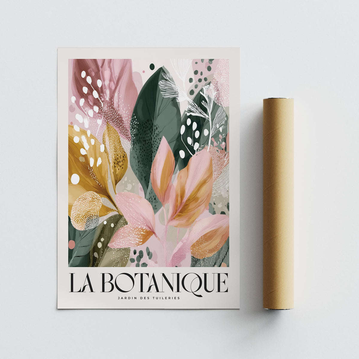 Modern Flower wall art showing abstract botanical leaves in pink green and mustard tones with a brown packaging tube