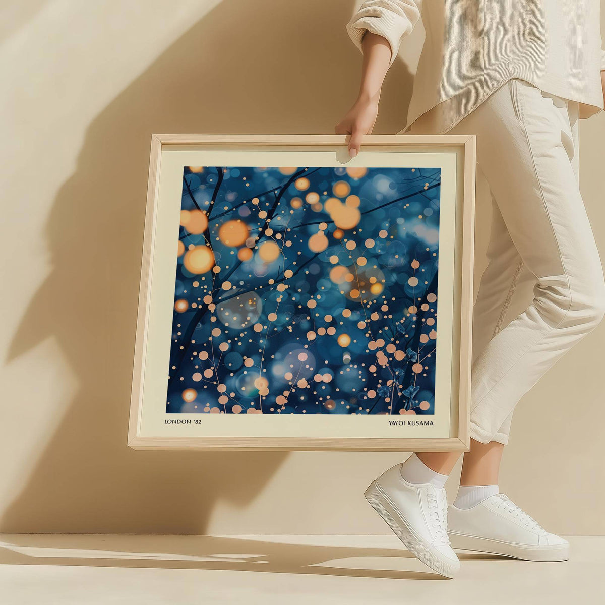 Framed print of luminous branches with golden lights held by person in white clothes