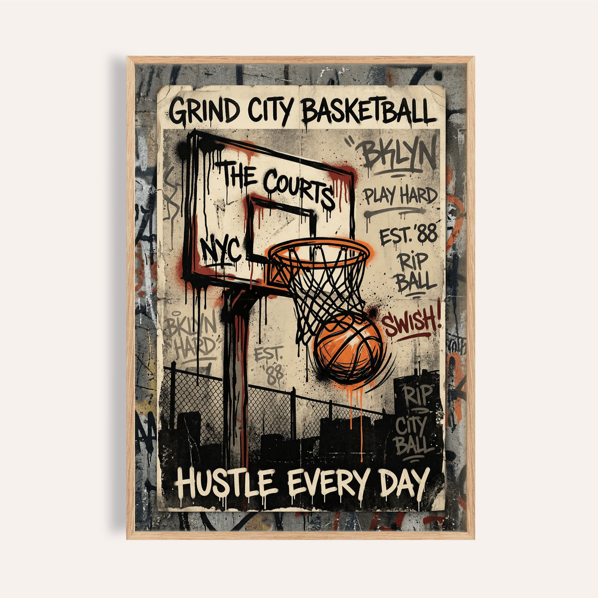 Framed print of basketball city wall art with street art style hoop and ball in orange and grey