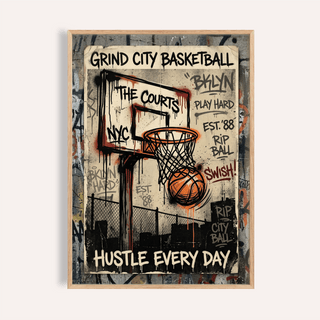 Framed print of basketball city wall art with street art style hoop and ball in orange and grey