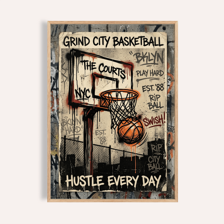 Framed print of basketball city wall art with street art style hoop and ball in orange and grey