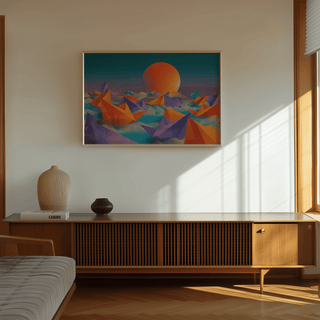 Origami wall art with abstract orange and purple boats under a large sun above a wooden sideboard with vases