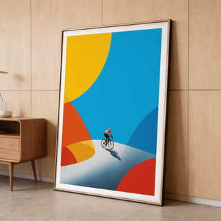 Cycling art print of a cyclist on a winding road with bold yellow, red, and blue shapes leaning against a wall