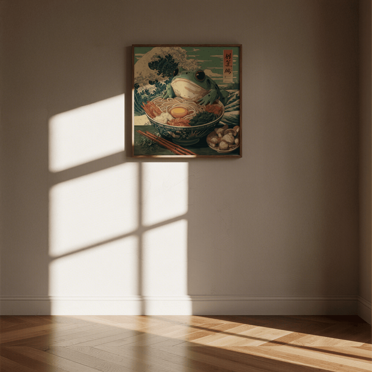 Frog Ramen Art print on a plain wall with sunlight casting window shadows on the wall and floor
