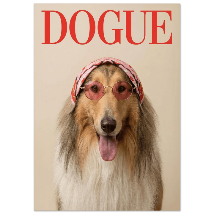 Rough Collie Dogue Print photographic poster of a collie dog wearing pink sunglasses and a scarf