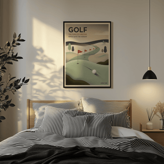 Vintage Golf wall art of minimalist golf flags and ball in soft green tones above a bed with striped pillows