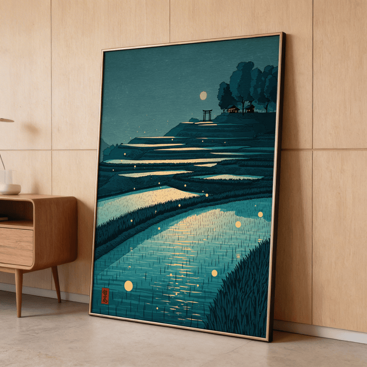 Print leaning on a floor showing a tranquil rice field poster with blue and green terraced fields and yellow moonlight glow