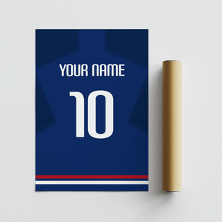 Football Shirt Poster in Plain Blue with White Number with packaging tube on a grey surface
