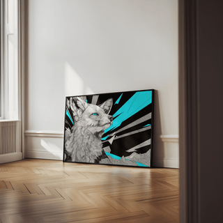 Retro Fox Art Print leaning on floor with natural light and wooden parquet floor