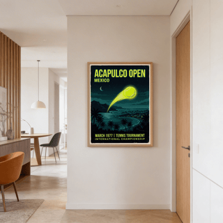 Acapulco Open Tennis Art Print on wall showing retro tennis ball over a beach at night with palm trees