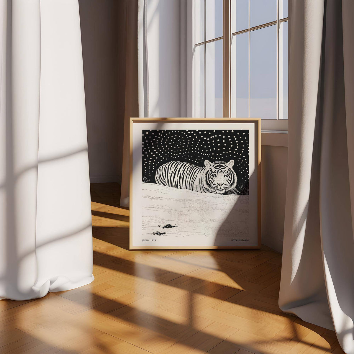 Art White Tiger print leaning on the floor with sunlight and beige curtains nearby