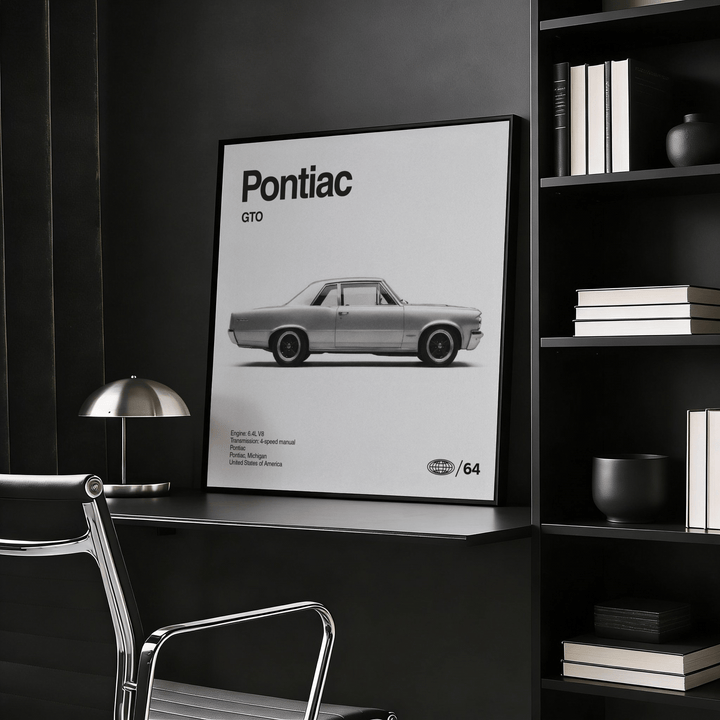 Close-up of 1960s Muscle Car Wall Art with grey and black tones perfect for garage or living room decor