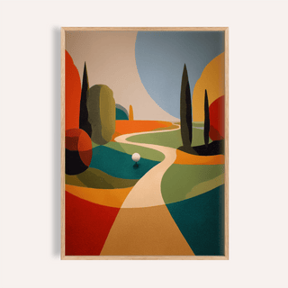 Framed close-up of colorful golfing wall art featuring abstract shapes and trees in bold colours