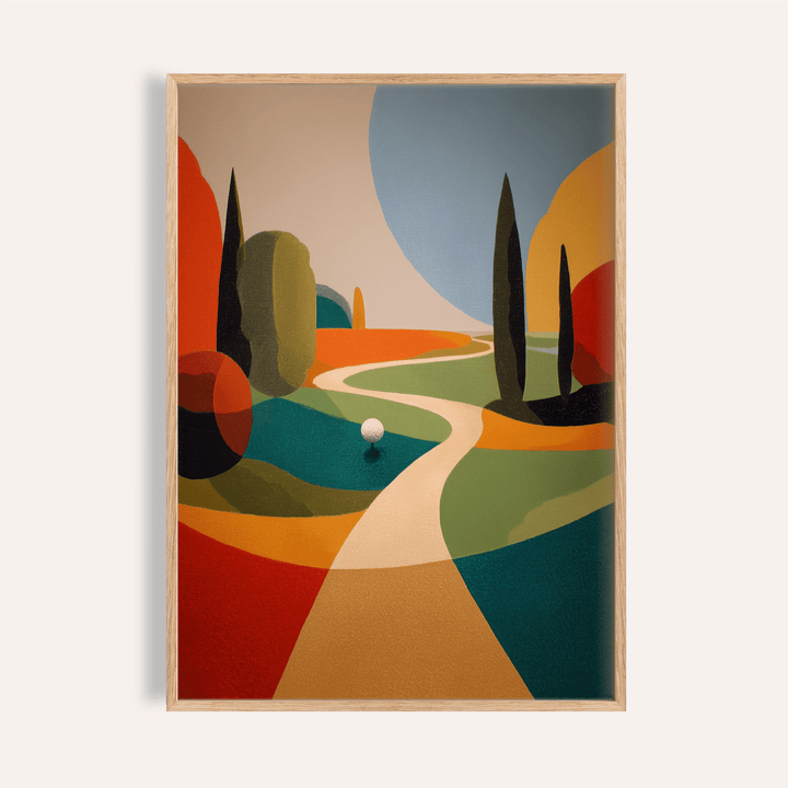 Framed close-up of colorful golfing wall art featuring abstract shapes and trees in bold colours