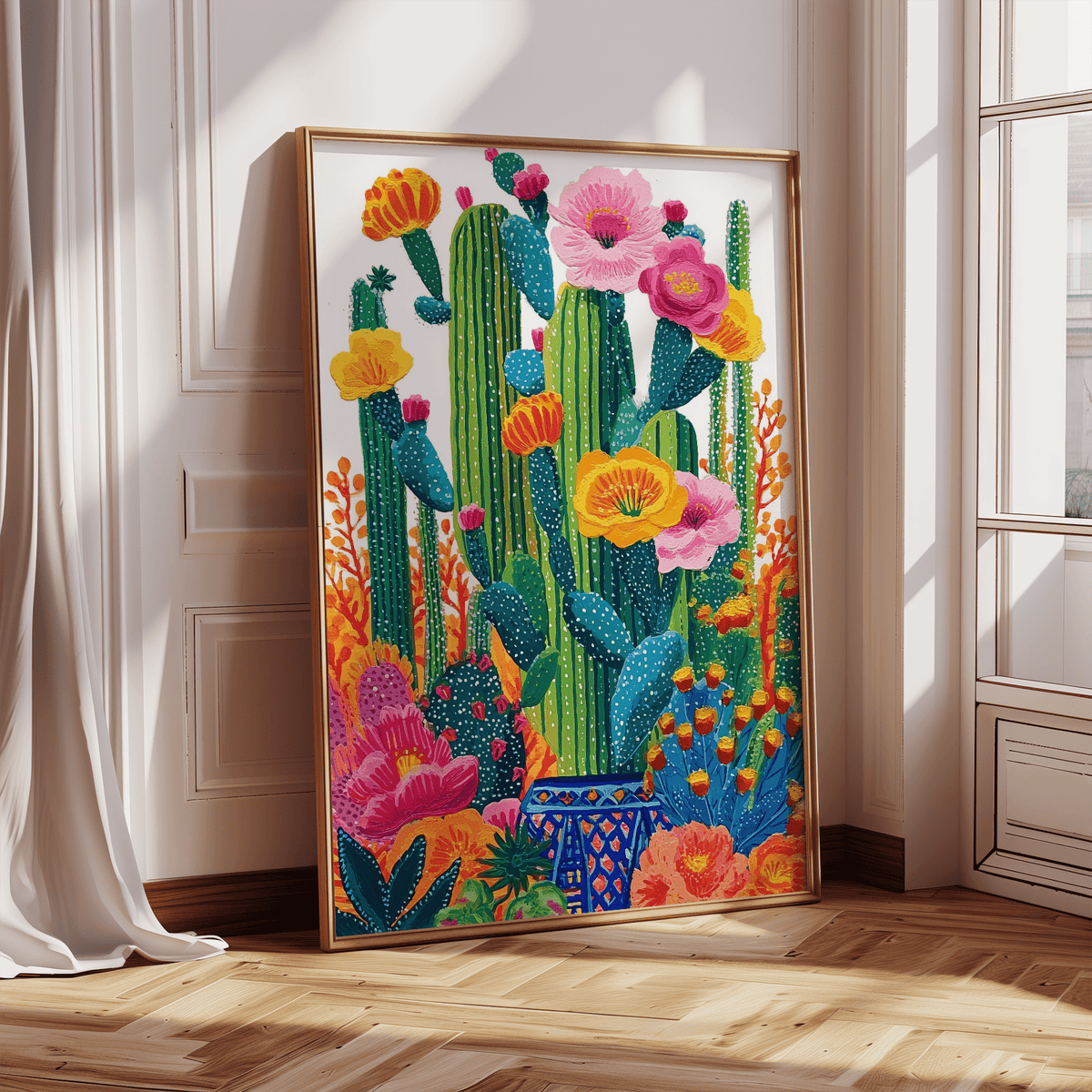 Cactus Floral wall art colourful botanical illustration leaning on a wooden floor near a white curtain