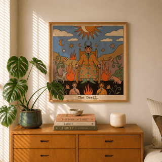 Tarot Card Devil Art print with blue background and folk-art style on wall above a wooden sideboard with a green plant
