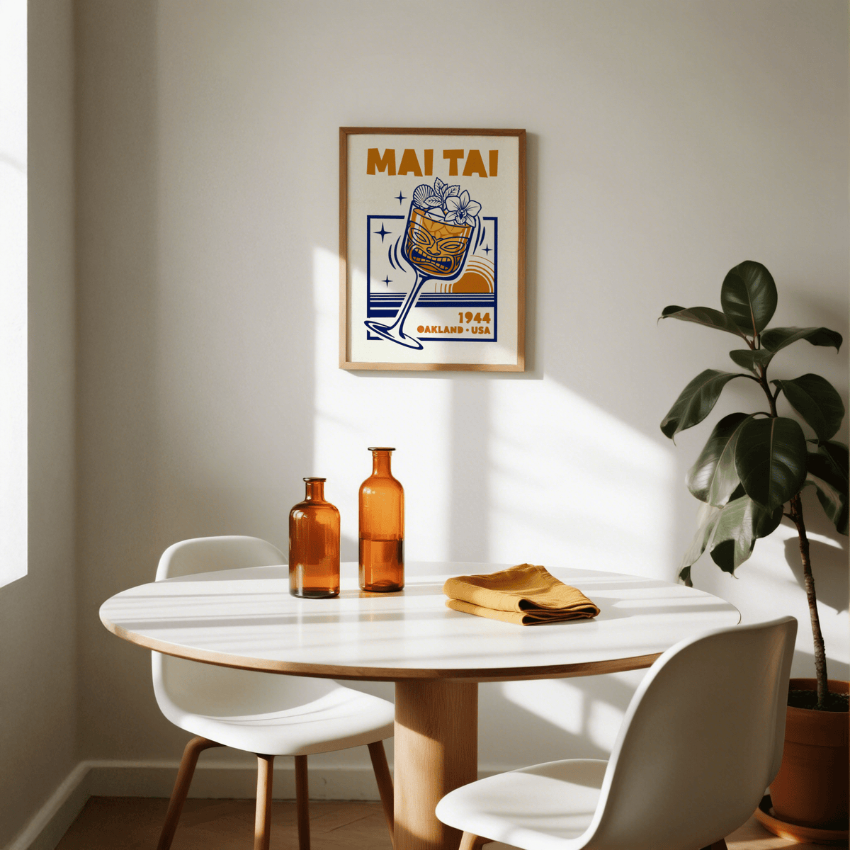 Mai Tai wall art of a retro cocktail with blue and orange tones above a dining table with amber bottles and a houseplant
