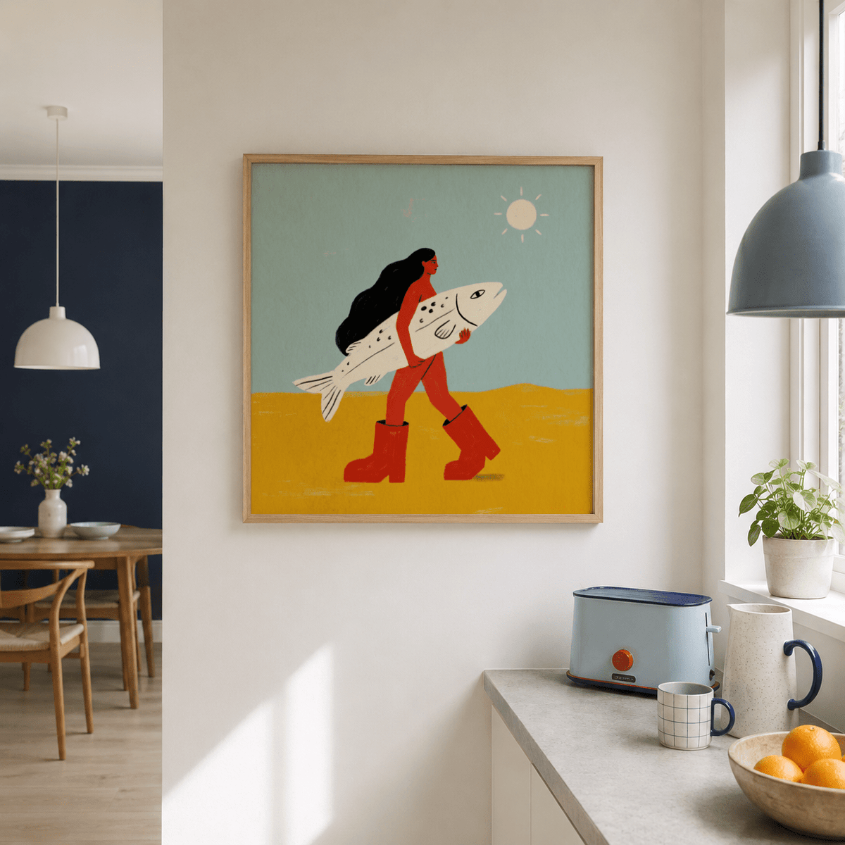 Woman Carrying Fish print in minimalist style with red and yellow tones in a kitchen scene