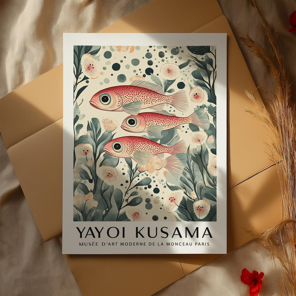 Fish artwork print showing three red spotted fish with green seaweed on a beige background with floral details