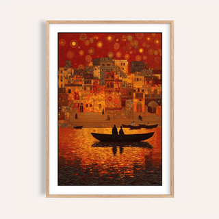 Framed Indian Sunset wall art of dusk riverboats with red and orange reflections