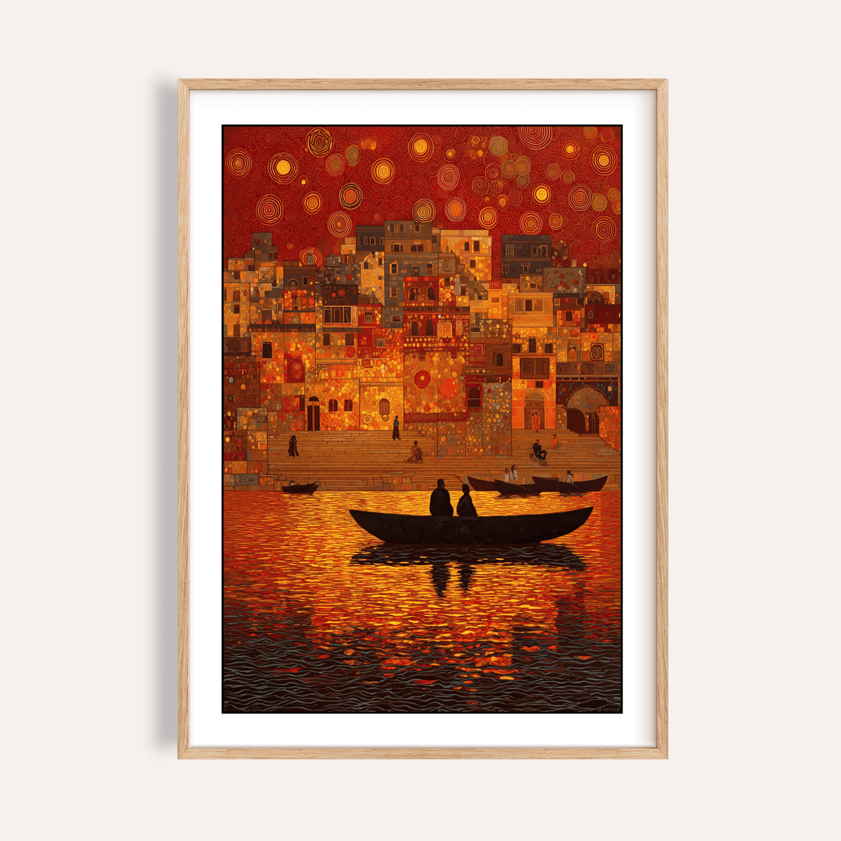 Framed Indian Sunset wall art of dusk riverboats with red and orange reflections