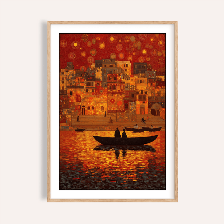 Framed Indian Sunset wall art of dusk riverboats with red and orange reflections