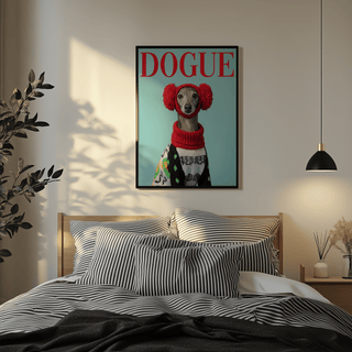 Italian Greyhound wall art of dog with red earmuffs above a bed with striped bedding