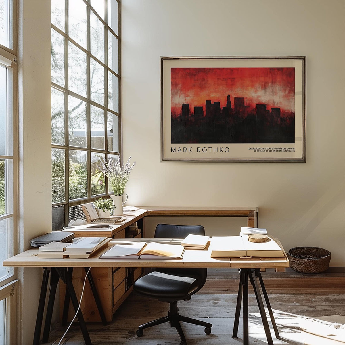 Wall Art California framed print of a city skyline silhouette in red and black above a wooden desk with books