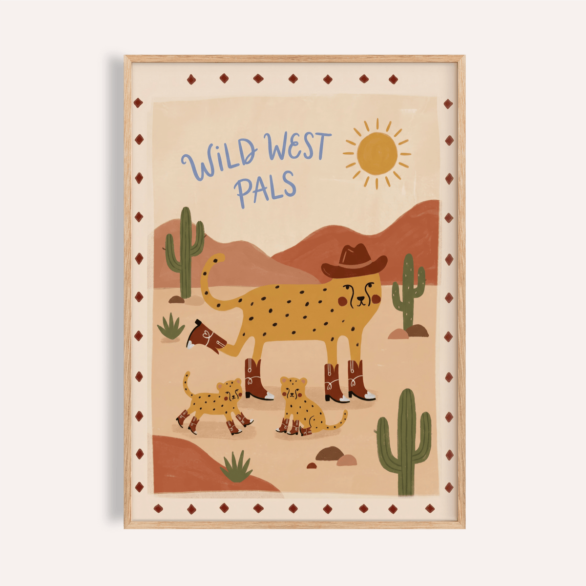 Wild West Animal Art Print framed close-up of a cheetah with boots and hat in warm tones