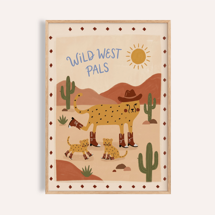 Wild West Animal Art Print framed close-up of a cheetah with boots and hat in warm tones