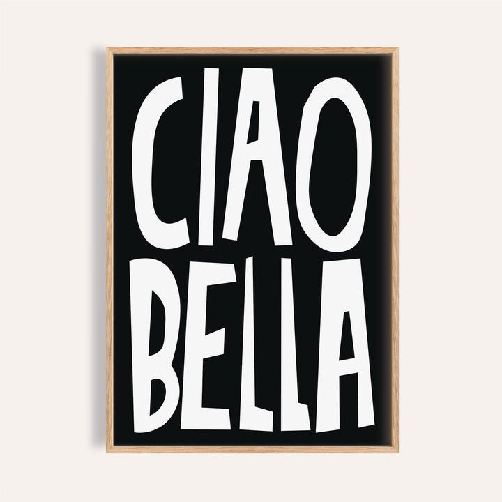 Framed Typography Wall Art with ciao bella text in white on black background