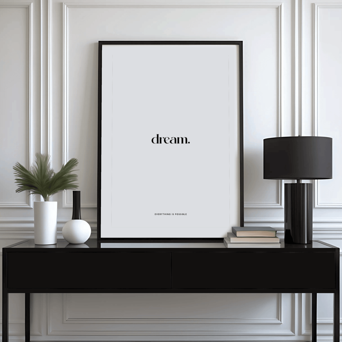 Personalised Quote Poster framed print leaning on a black sideboard with a lamp and plant in a white room