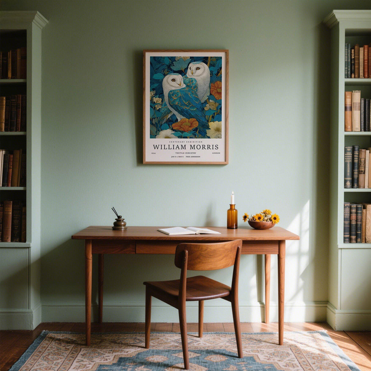 Wall Art Unique showing two barn owls in blue and white hues above a brown desk in a study
