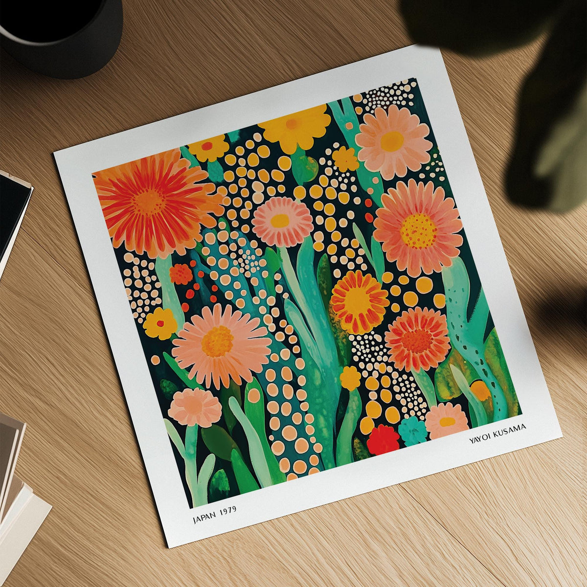Flowers print with orange and pink flowers and green stems on a wooden table near black cup