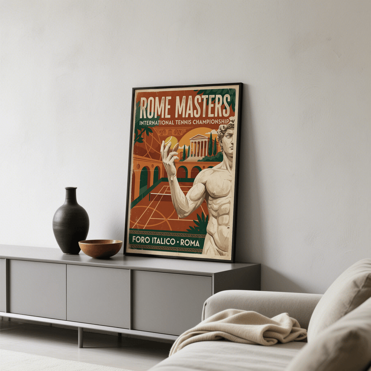 Print leaning on sideboard of Rome Tennis Championship poster with statue and tennis ball in warm tones in a lounge
