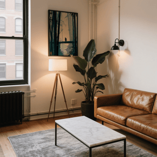 Japanese Bamboo Art Print on wall above floor lamp and green plant in living room with leather sofa