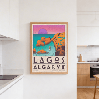 Lagos Algarve wall art illustration of a rocky coastal cove with orange and turquoise tones in a kitchen