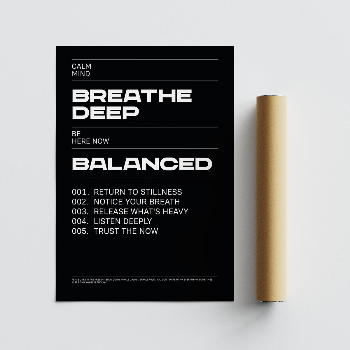 Phrases for Wall Art print with motivational text and minimalist style beside a brown packaging tube on a grey surface