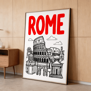 Print leaning on floor of Rome City Art Print with minimalist black line buildings and bold red text beside wooden side table
