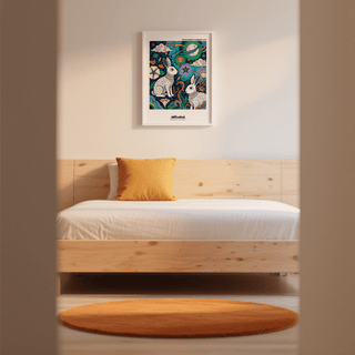 Moon Garden art print with moon rabbits and stars in deep blues above a single bed with an orange cushion