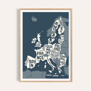 Framed Europe Map Print with minimalist style and typographic country names