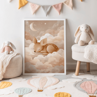 Sleeping Deer wall art leaning on the floor with soft clouds and a crescent moon surrounding a sleeping fawn in muted beiges and browns