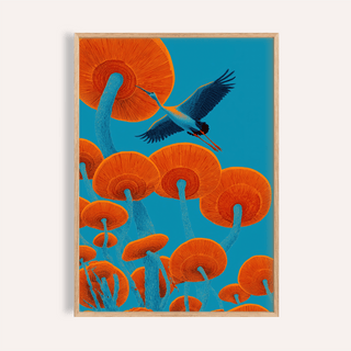 Japandi Bird Print framed close-up featuring a blue and orange crane flying among orange mushrooms