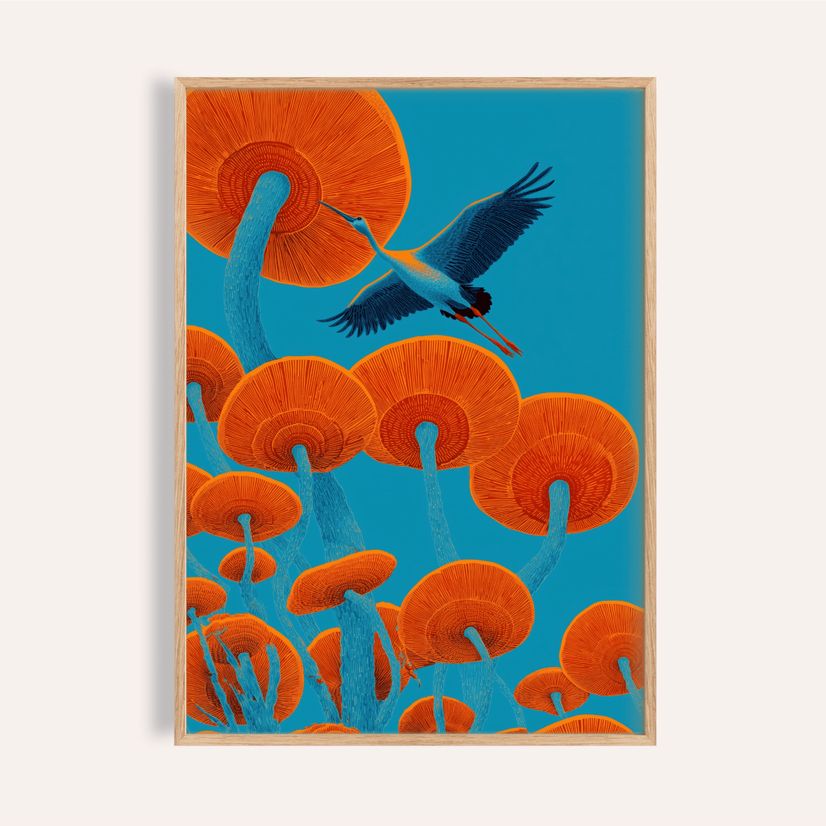 Japandi Bird Print framed close-up featuring a blue and orange crane flying among orange mushrooms