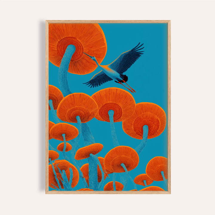 Japandi Bird Print framed close-up featuring a blue and orange crane flying among orange mushrooms